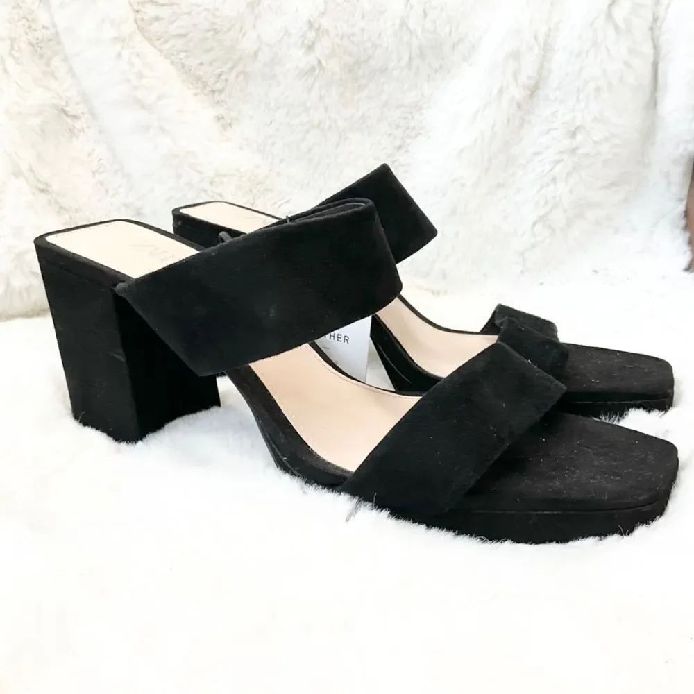 NEW ZARA black suede leather double straps square tie slip on sandals 10